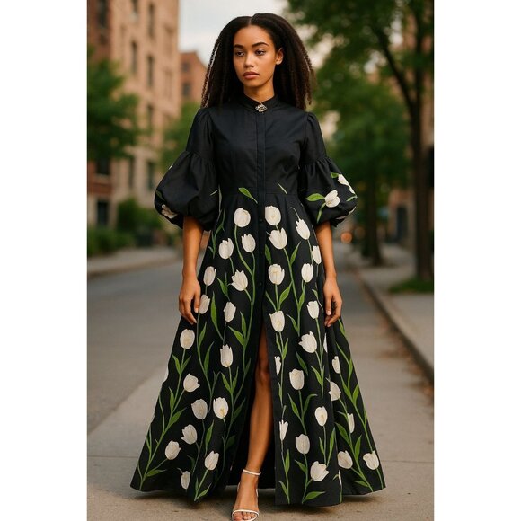 Uoozee Womens Size XL Floral Print Button Front Dress/ Trench Balloon Sleeves - Picture 1 of 12